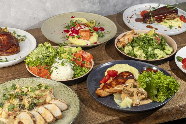 Food dishes for the menu Salads and appetizers,main courses and meat side dishes